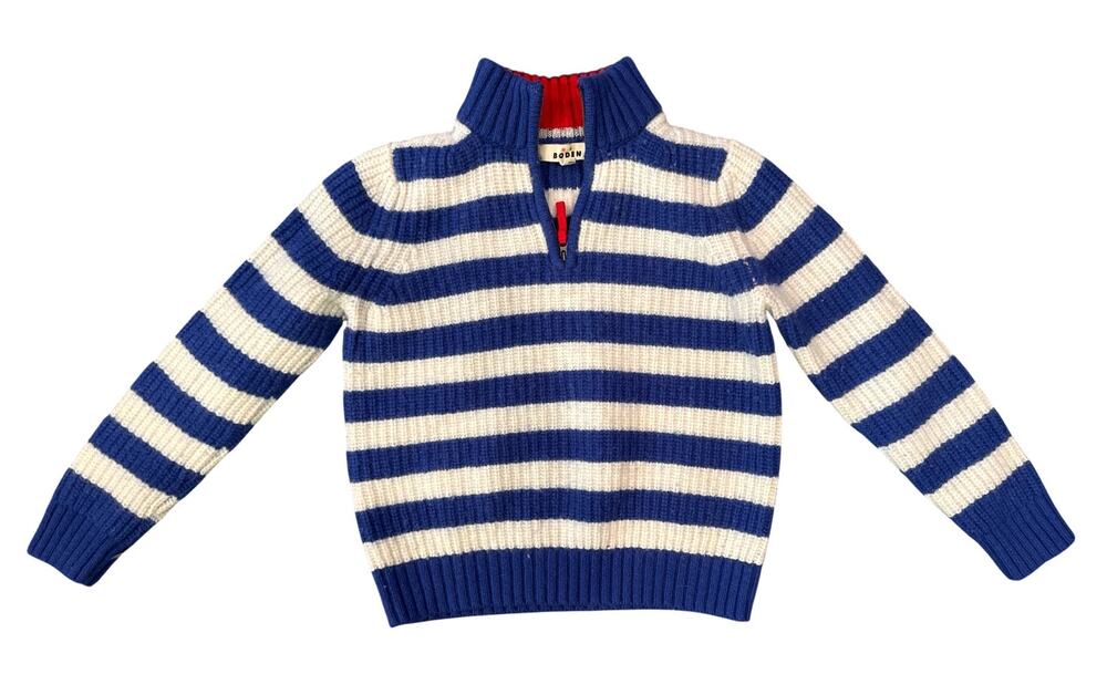 Mini Boden Boys 9-10Y Wool Sweater Blue Cream Stripe Half Zip Pullover